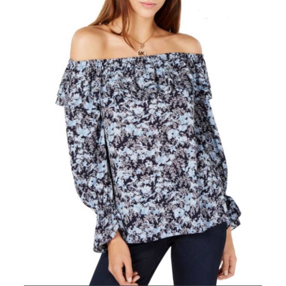 MICHAEL KORS Off The Shoulder Ruffle Fern Blouse Ditsy Floral Blue Large New